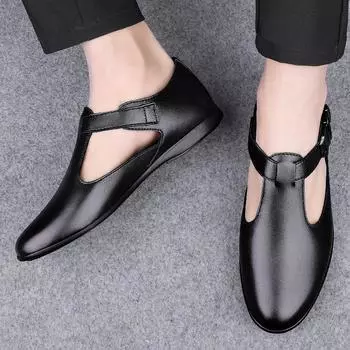 FashionSummer Men Genuine Leather Breathable Sandals New Design Fashion Casual Black Brown Slip on Sandals Leather Sandals Men s Flats 37 чёрный