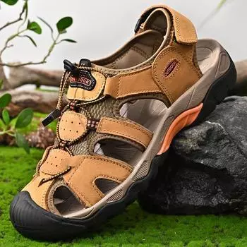 FashionSummer Mens Casual Shoes Leather High Quality Non-Slip Outdoor Sandals Fashion Walking Beach Shoes for Men Breathable Mocassins 38 чёрный