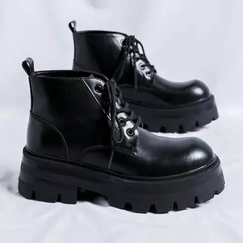 FashionThick Bottom Ankle Boots for Men Round Toe Black Lace-up Man Motorcycle Boots New Trend Leather High Heels Men Footwear High Top 38 чёрный