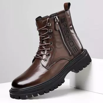 FashionWinter Мужские брендовые повседневные деловые высокие ботинки с боковой молнией и плюшевыми хлопковыми ботинками Модные мужские высокие кожаные ботинки на шнуровке 38 чёрный