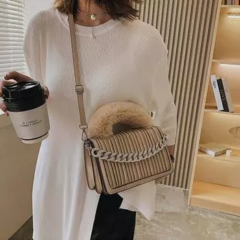 Faux Fur Stripe Shoulder Bag for Women Chain Ladies Small Crossbody Bags Long Strap Winter Female Purses and Handbags белый