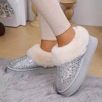Теплые зимние сапоги из искусственного меха, женские зимние модные утолщенные плюшевые ботильоны с пайетками, женские серебристые нескользящие хлопковые ботинки на плоской подошве 36