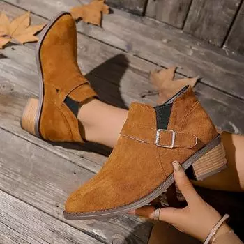 Faux Suede Med Heel Ankle Boots Women Autumn Pointed Toe Square Heels Chelsea Boots Woman 2024 Brown Slip-On Short Botas Mujer 36 коричневый