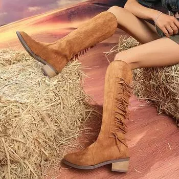 Faux Suede Tassels Long Boots Women Plus Size Thick Heels Knee High Boots Woman Slip On Autumn Winter Size 36-43 36 чёрный