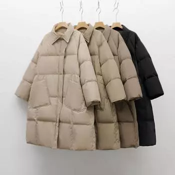 Feather 90 White Duck Down New National Standard Женская простая однотонная утолщенная средняя и длинная пуховая куртка для женщин M чёрный