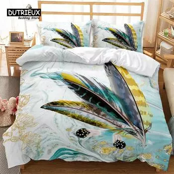 Feather Bedding Set Bohemia Style Abstract Geometric Print Duvet Cover Set Microfiber Comforter Cover King Queen For Kids Adults EU single(135x200cm)