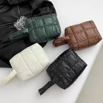 Feather Padded Cosmetic Bag Women Winter Down Solid Storage Bag Quilted Embroidered Toiletry Bag Puffer Cotton Wrist Makeup Bags белый