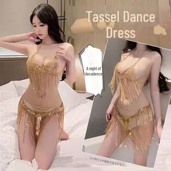 Feimu Sequined Tassel Open Crotch Dancer Suit - Сексуальное нижнее белье с вырезом и дизайном на бедрах One Size