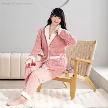 Female Sweet 2PCS Pajamas Set Autumn Winter Coral Fleece Sleepwear Trousers Pijamas Suit Thickened Warm Homewear Lounge Wear M