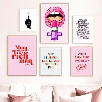 Феминистская мода Art Pink Girl Power Wall Art Картина на холсте Печать для девочек Подарок Современные фотографии Гостиная Спальня Настенный постер без рамки 21*30cm