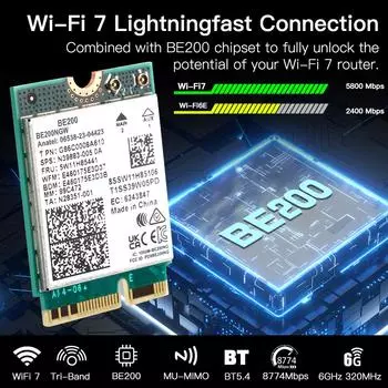 FENVI BE200 WiFi 7 Card BE200NGW для Bluetooth 5.4 Tri Band 2.4G/5G/6GHz M.2 беспроводной сетевой адаптер для ПК Windows10/11 WiFi6E