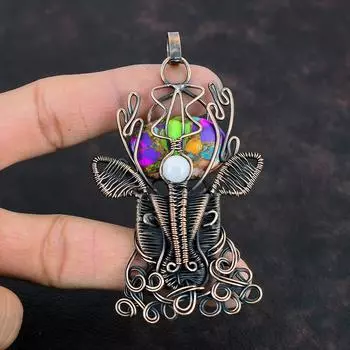 Fiesta Kingman Turquoise Pendant Copper Wire Wrapped Pendant Multi Copper Turquoise & Rainbow Moonstone Pendant Gemstone Deer Face Jewelry