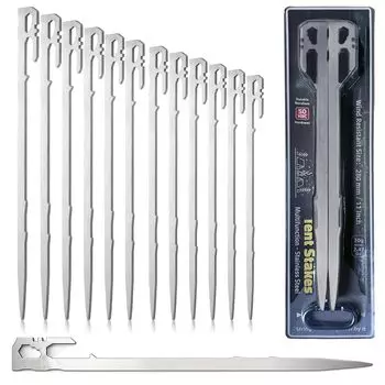 Fifod Tent Peg Set of 12 Forged Stainless Steel High Corrosion Integrated Setup Mountain Hard Rocky Sandy Beach Stake Peg Set Pegs, 28cm, Peg, 420,