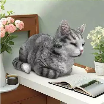 Figurine Sleeping Cat Statue Sculpture Lawn Ornament for Landscape Home серый