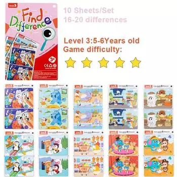 Find the Difference Game Concentration Training Set 10 Sheets/Set, Reusable Reverse Answer, Interactive Observation Skills Toys