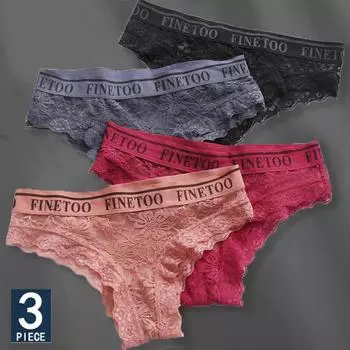 FINETOO 3 шт./компл. кружевные трусики женское сексуальное нижнее белье трусы кружевные женские трусы с цветочным принтом сплошной цвет интимное белье женские трусики M-XL