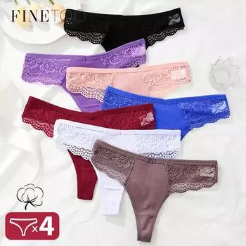 FINETOO, 4 шт./компл., сексуальные женские хлопковые трусики, кружевные стринги, нижнее белье для женщин, нижнее белье с Т-образной спинкой и цветочным принтом, ажурные трусики больших размеров S