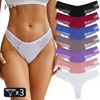 FINETOO женские хлопковые стринги 3 шт./компл. кружевные трусы-бикини S-XL женские стринги нижнее белье мягкие трусики-стринги женское нижнее белье S