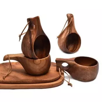Финляндия Kuksa Портативная кофейная кружка Ручка из акации Крючок из коровьей кожи Стакан для сока и молока Кофейная чашка Посуда для напитков Wooden Cup