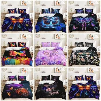 Фиолетовый Dimonds Rose Цветочный мотылек Бабочка Doona Пододеяльник Комплект постельного белья Single 135x200cm