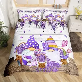 Фиолетовый лавандовый гном пододеяльник King Queen Kawaii мультяшный гном комплект постельного белья весенние цветы покрывало цветочное одеяло покрывало EU Single(135x200cm)