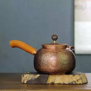 Фиолетовый медный чайник с боковой ручкой, ручной работы, узор, резьба, чайник для готовки, старинный японский чайник из чистой меди, деревянная ручка