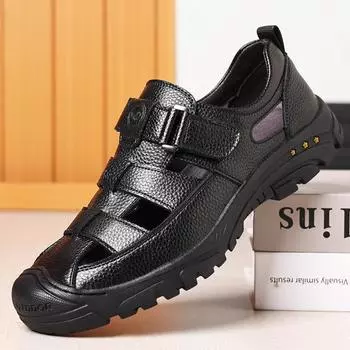 [First Layer Cowhide] Men S Baotou Real Cowhide Beach Sandals Soft Leather Hollow Hole Shoes Breathable Shoes 38