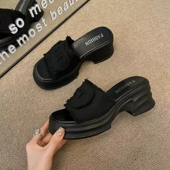 Fisherman cool slippers wear summer new one-word canvas slippers heightened thick-soled slippers women 35