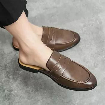 Fitting room bag head drag leather shoes 2025 summer breathable half drag leather shoes men s Doudou shoes half tray lazy shoes cool slippers 38 чёрный