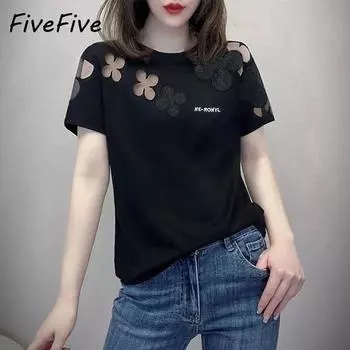 FiveFive летние модные элегантные свободные повседневные футболки женские однотонные с круглым вырезом и короткими рукавами полые футболки с вышивкой S белый