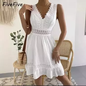 FiveFive модное женское сексуальное кружевное платье с открытой спиной и вырезом, повседневное облегающее платье без рукавов с v-образным вырезом, однотонные платья XXL белый