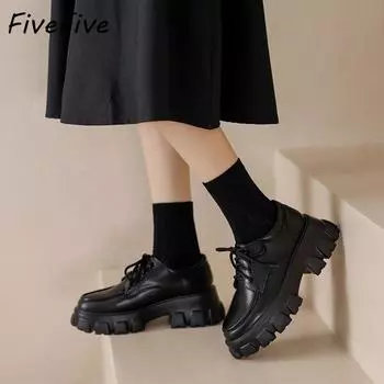 FiveFive/Винтажные лоферы на платформе, женские удобные туфли Мэри Джейн на платформе со шнуровкой, повседневная студенческая обувь 41 чёрный