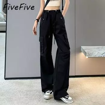 FiveFive Y2K брюки-парашюты с завязками на шнурке женские уличные брюки Harajuku свободного покроя прямые брюки с широкими штанинами женские карманы L чёрный