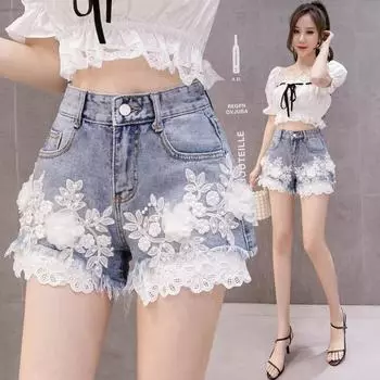 FiveFive Женские модные модные сексуальные джинсовые шорты с высокой талией и цветочным принтом XXL синий