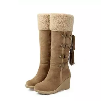 Flanged Plush Women s Snow Boots Fluffy Muffin Platform Wedge Boots Female New Autumn Winter Big Size Tassel Laides Long Boots 35 чёрный
