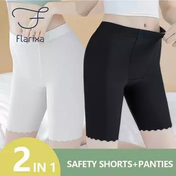 Flarixa 2 в 1, защитные брюки из ледяного шелка с высокой талией, тонкие дышащие облегающие женские летние шорты, трусики с двойной промежностью и волнистыми краями L белый