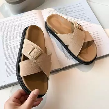 Flat bottom cross with slippers female 2025 summer European station new open-toed fairy wind evening beach cool slippers female 36 чёрный