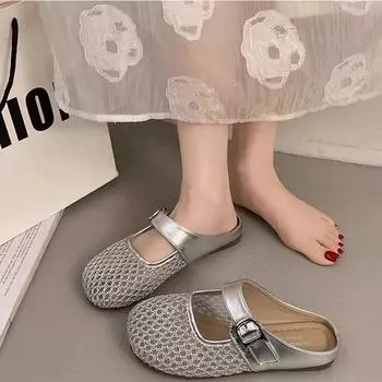 Flat bottom hollow breathable half support with skirt sandals new mesh bag head half slippers women s summer wear 35