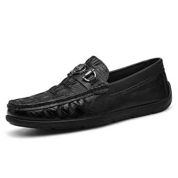 Flat-bottom men s leather loafers, round-toe men s casual shoes, soft surface full-grain canvas shoes, classic retro summer prom 39 чёрный