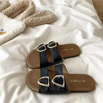 Flat bottom round head one-word drag women s summer new seaside beach shoes student fashion with skirt slippers 35