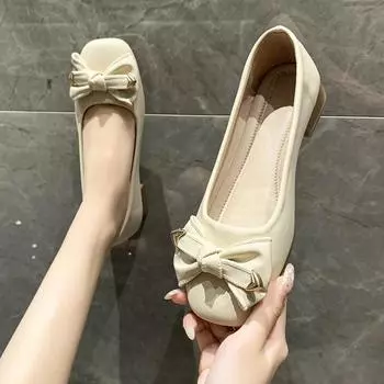 Flat Bottom Soft Bean Shoes for Women s Spring 2024 New Soft Sole One Step Versatile Shallow Mouth Bow Tie Single Shoes 35 бежевый