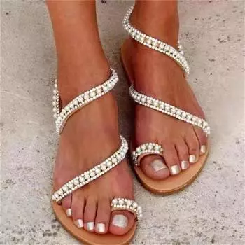 Flat bottomed rhinestone fashionable and versatile plus size beach shoes for women in summer 2025 with toe sandals 35 коричневый
