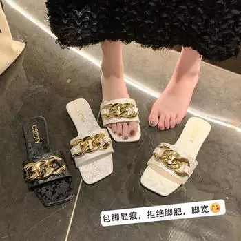 Flat-bottomed slippers Women s metal chain one-word flat-bottomed home slippers Women s Flats Slippers 35 серебряный