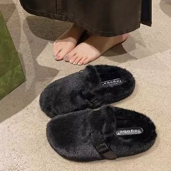 Flat Lady Sheep Lady Slipper Outdoor Covered Toe Low Underpants Sliding Fur Flip-flops 2024 Plush Retro Roman 35 чёрный