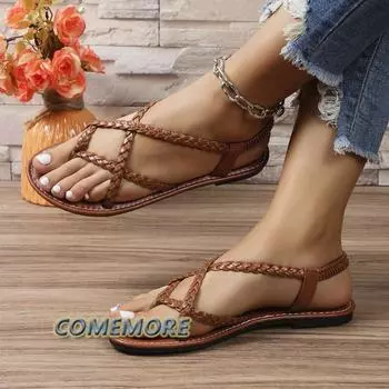 Flat Sandals New Summer 2024 Solid Color Flip-toe Designer Sandals Women Beach Casual Shoes Anti Slip Comfort Roman Style Brown 36 белый