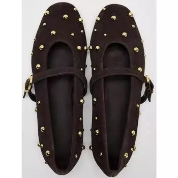 Flat Shoes for Women Spring/autumn Brown Imitation Suede Studded Round Toe Ballet Flats with Straight Stripes Mary Jane Pumps 35 темный кофе