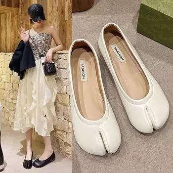 Flat Split-toe Women Shoes New 2024 Hot Sale Niche Korean French Gentle Leather Shoes Soft-soled Fashion Loafers for Women 35 чёрный
