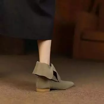 Flat Suede Short Boots 2024 New Autumn/winter Korean Version Chelsea Pointed Bow Fashion Boots for Women 35 зеленые хаки