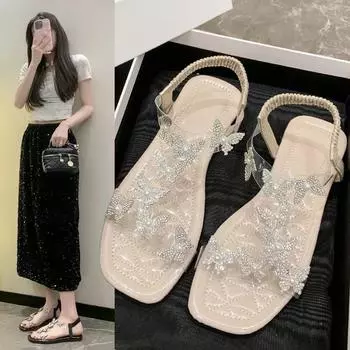 Flat Transparent Butterfly with Square Toe Summer Sweet Shoes for Women 2024 Fashion Buckle Strap Elegant Dress Women s Sandals 35 чёрный