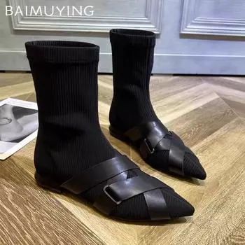 Flats Women Ankle Boots Knitting Pointed Toe Sexy Shoes 2025 Trend Designer Winter Sock Boots Fashion New Gladiator Botas Mujer 34 чёрный